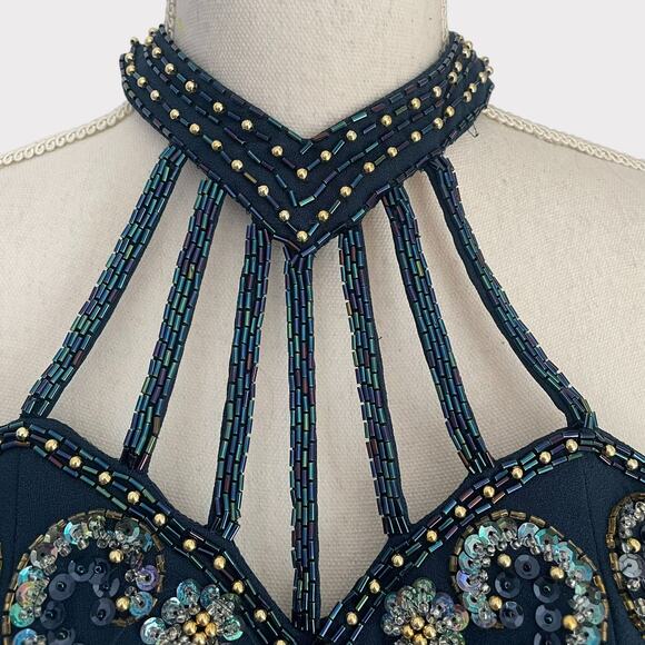 Alyce Designs Beaded Gown Long Teal Strappy Back Zip Closure Size 2 Side Slit - Picture 5 of 9